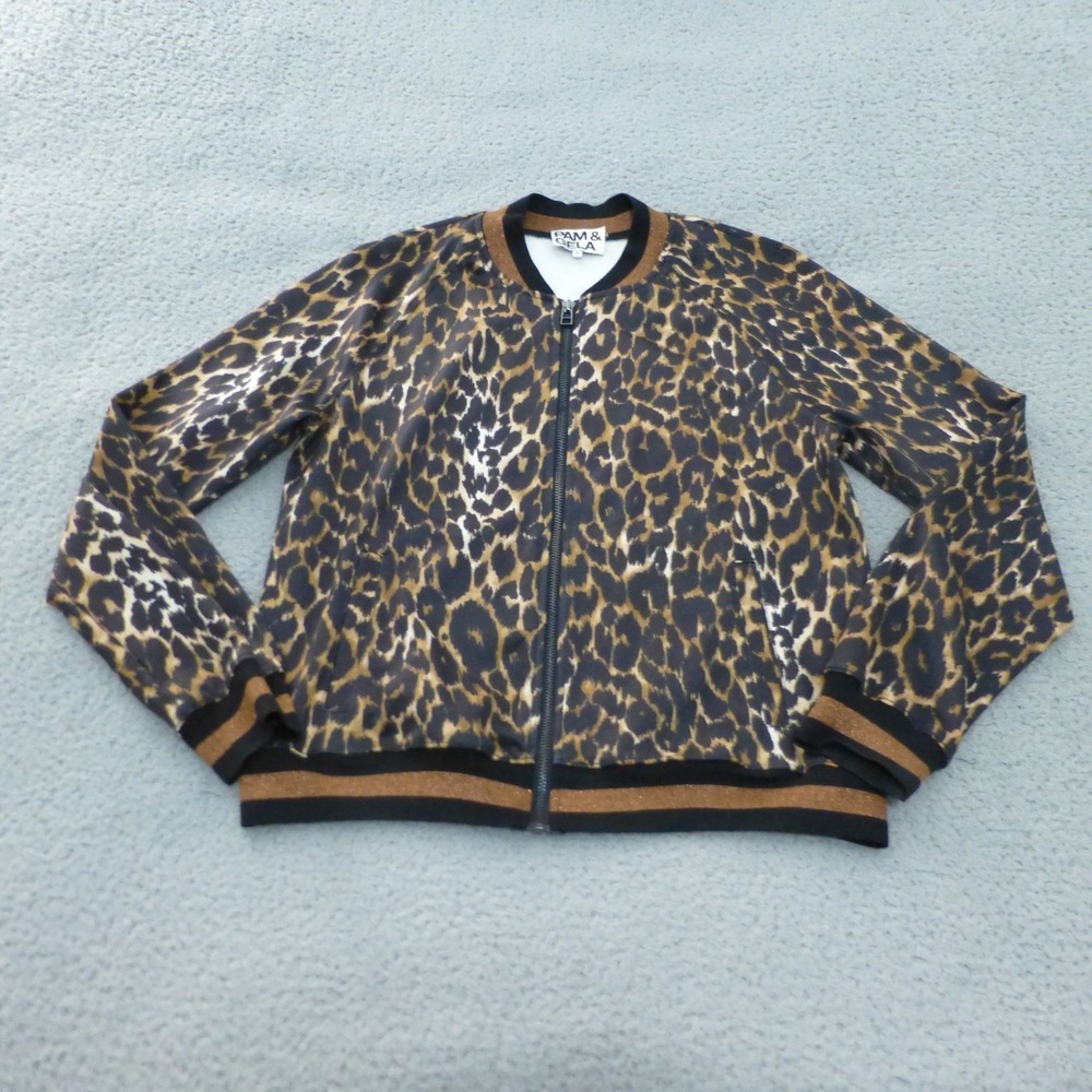 PAM & GELA Leopard Print Bomber Jacket Womens Medium Zipper Front Metallic Trim